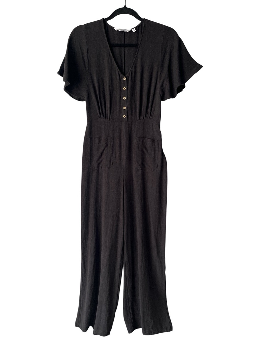 & Other Stories Black V-Neck Short Sleeve Linen Wide Leg Jumpsuit Pockets 2 S